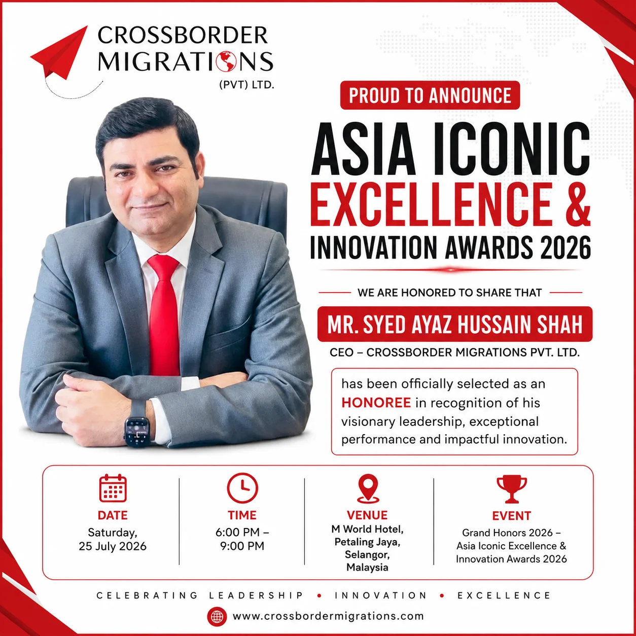 Asia Iconic Excellence and Innovation Awards 2026 Syed Ayaz Hussain Shah CEO Crossborder Migrations
